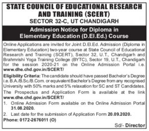 Admission Notice for D.El.Ed. Course 2020-21 – SCERT CHANDIGARH